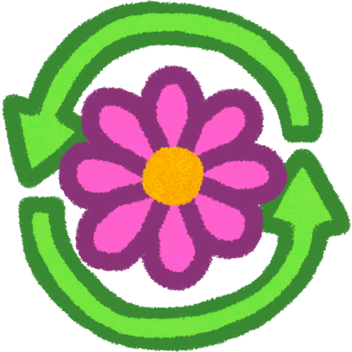  two green arrows forming a circle. inside the arrows is a pink flower